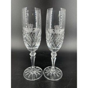 2 Galway Signed Claddagh Cut Crystal Fluted Champagne Glasses Irish St Patrick